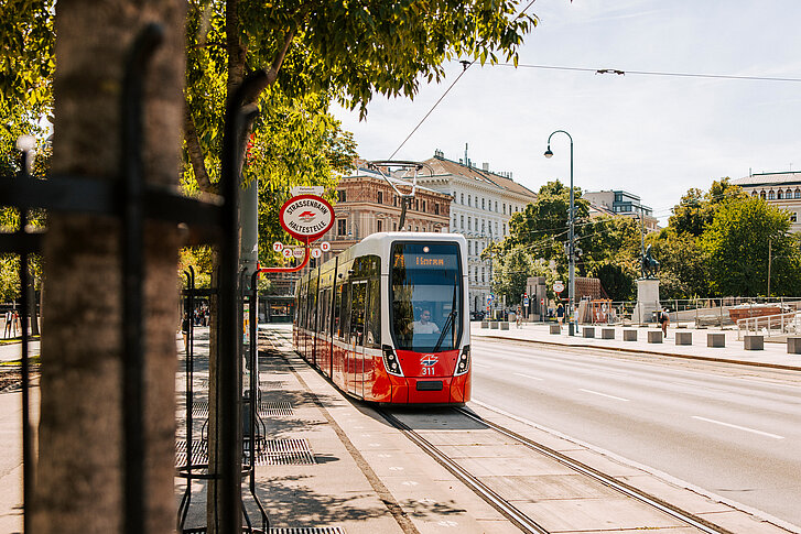Wiener Straßenbahn 71 hält vor der Haltestelle Parlament