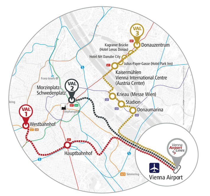 Karte aller 3 Routen und aller Bushaltestellen der Wiener VAL - Vienna Airport Lines